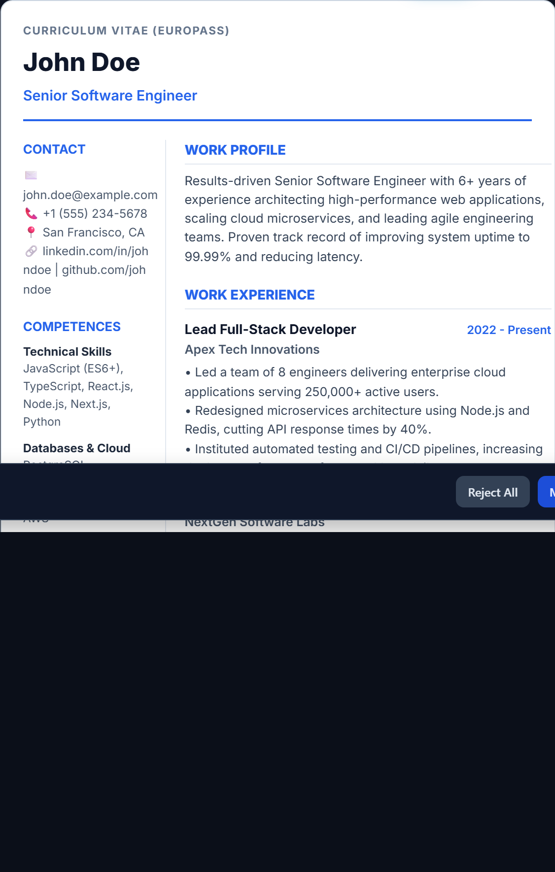 Europass Standard EU ATS Resume Template - Free Word DOCX and PDF download